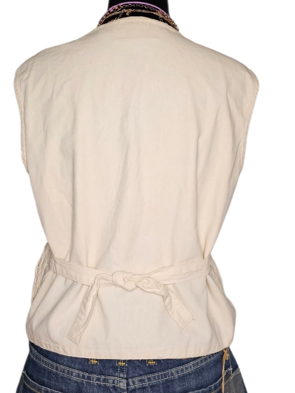Vintage Winnie & Joe Cream Cotton Textured Ribbon Lace Up Vest S - Picture 3 of 4